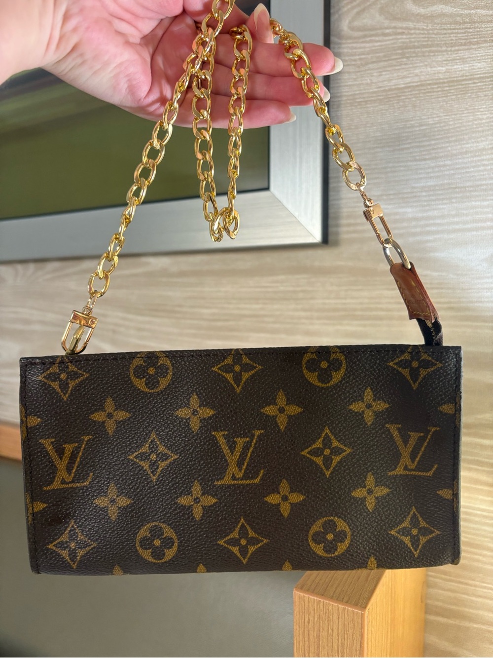 Auth Louis Vuitton Pochette Accessory Pouch GM Monogram Brown Leather